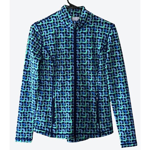 J. Mclaughlin Women's Small Long Sleeve Full Zip Blue Green Geometric Golf Top - Picture 1 of 6